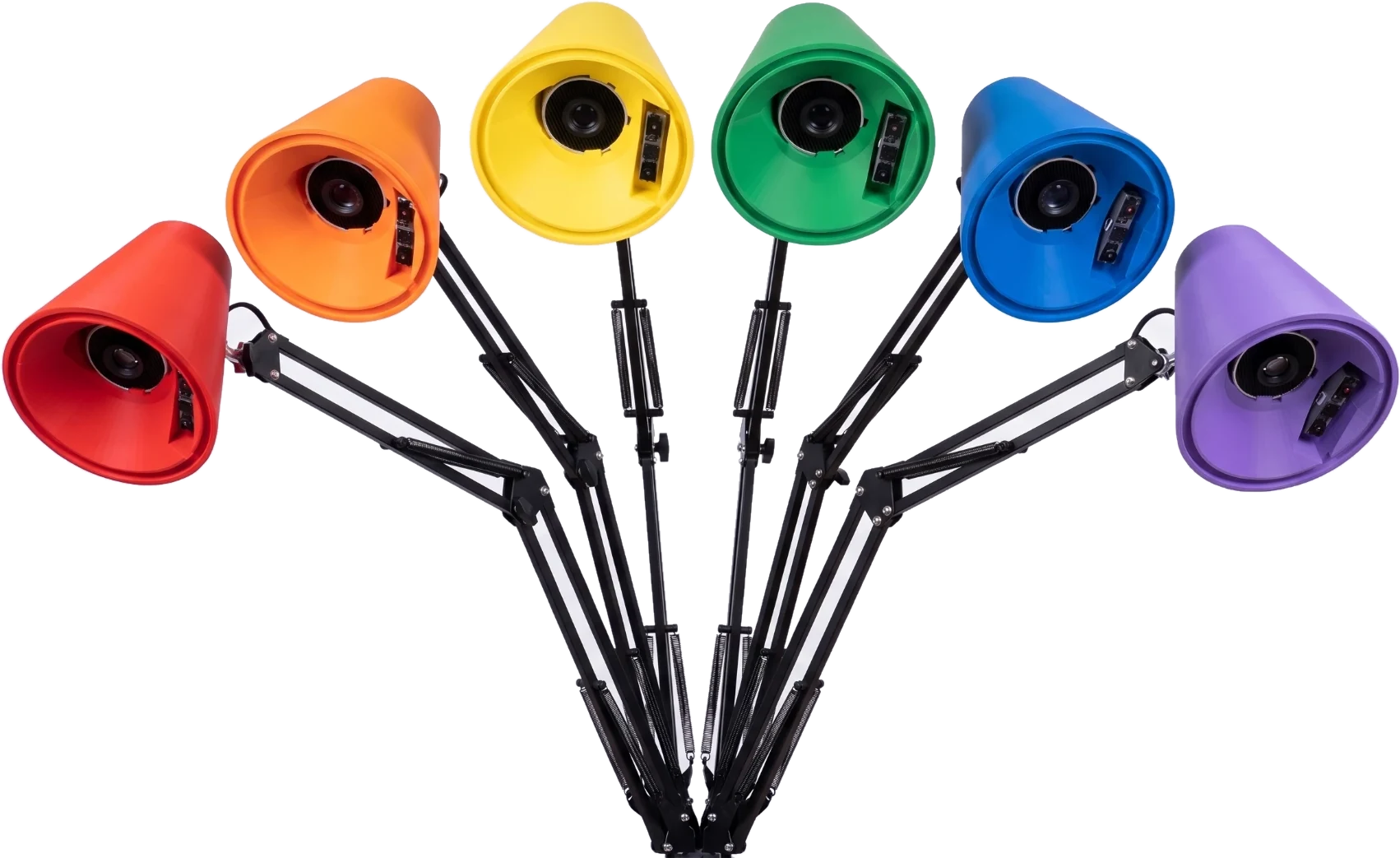 Six Prism lamps in red, orange, yellow, green, blue, and violet, fanned like a bouquet